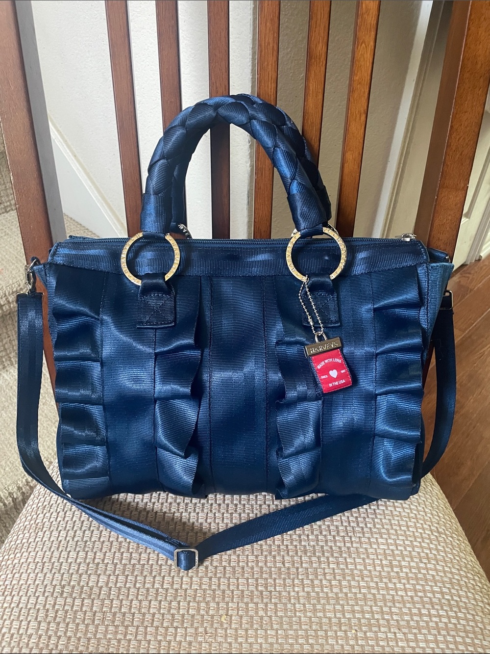 Harveys Elegant Navy Blue Lola Satchel Handbag with Braided Handles